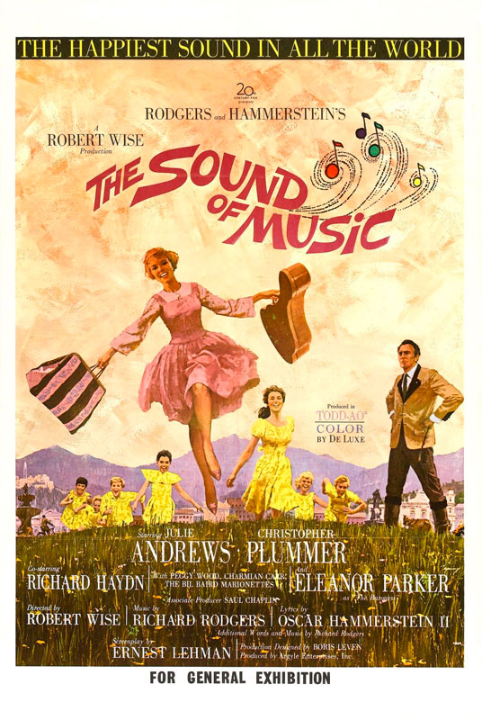 The Sound of Music,directed by Robert Wise and Starring Julie Andrews, Christopher Plummer, Nicholas Hammond. A woman leaves an Austrian convent to become a governess to the children of a Naval officer widower.